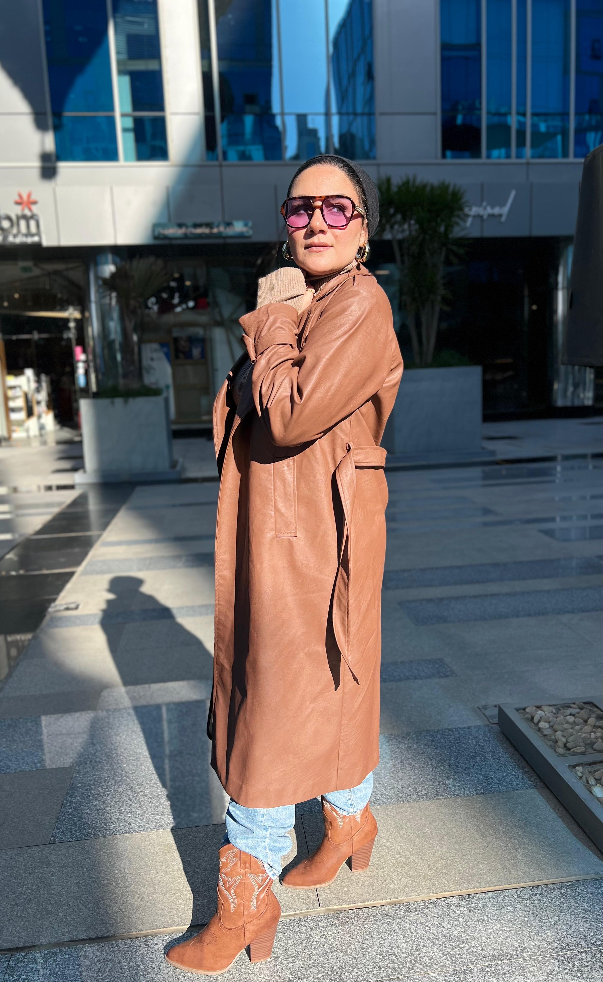 Trendy leather trench coat