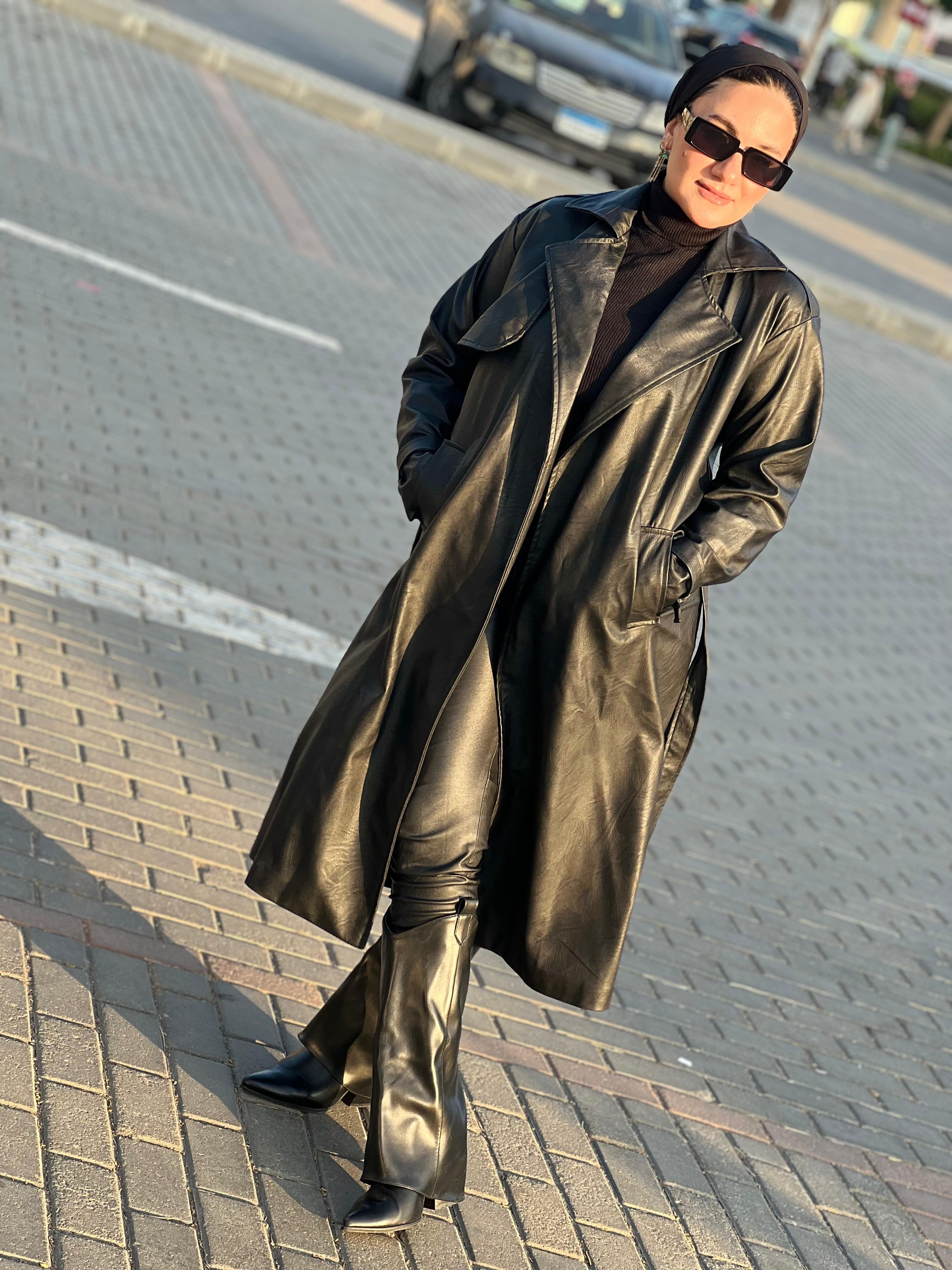 Trendy leather trench coat