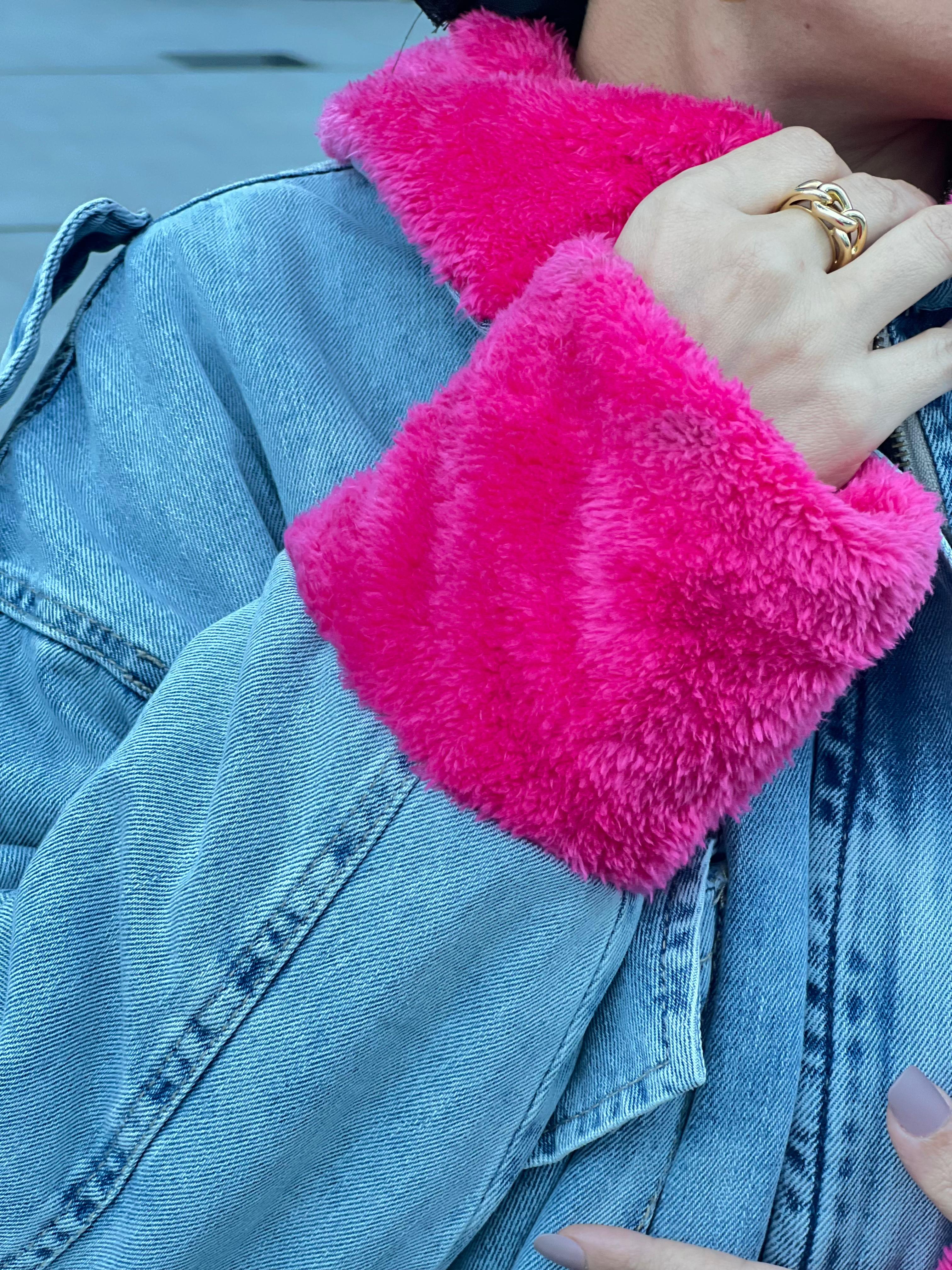 Denim jacket with hot pink fur